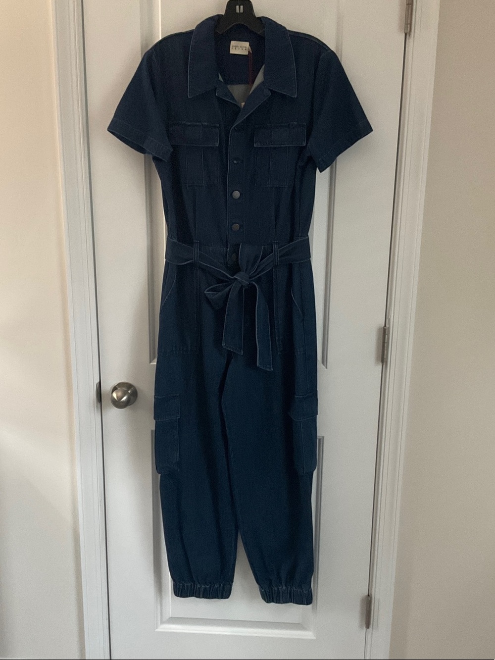 Alice + Olivia Dark Navy Short-Sleeve Utility Jumpsuit with Tie Belt